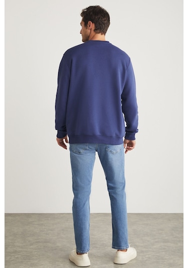 GRIMELANGE Travıs Erkek Organik Kumaşlı Yumuşacık Regular Fit Yuvarlak Yakalı Lacivert Sweatshirt Lacivert