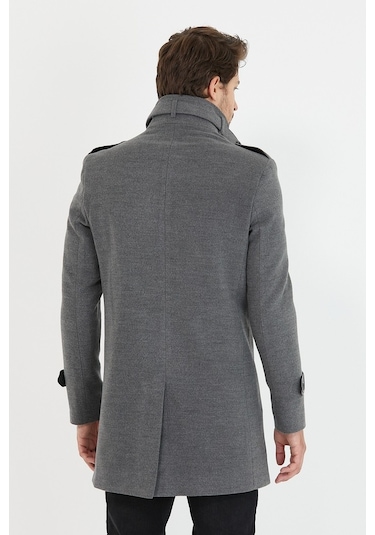 Erkek Gri Dar Kesim Dik Yaka Uzun Kaşe Kaban-Gri