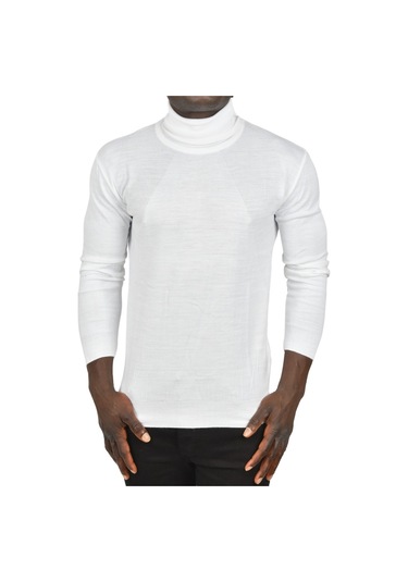 Deepsea Erkek Beyaz Tam Balıkçı Yaka Yanları Desenli Slim Fit Boğazlı Triko Kazak 2505495 Beyaz