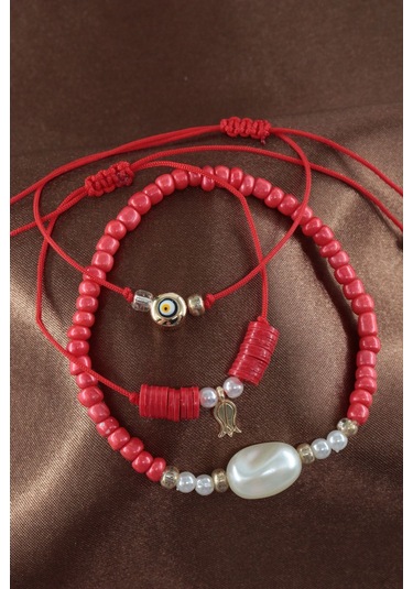 3lü Laleli İncili Nazar Boncuklu Asansörlü Lastikli İp Bileklik. Boncuklu Kadın İp Bileklik Halhal Çok Renkli