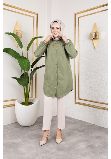 Önü Büzgülü Bilek Lastikli Tunik - Yeşil / Ü104 Yeşil