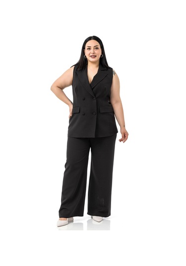 Büyük Beden Kaplama Düğmeli Yelek Pantolon Siyah İkili Takım Siyah