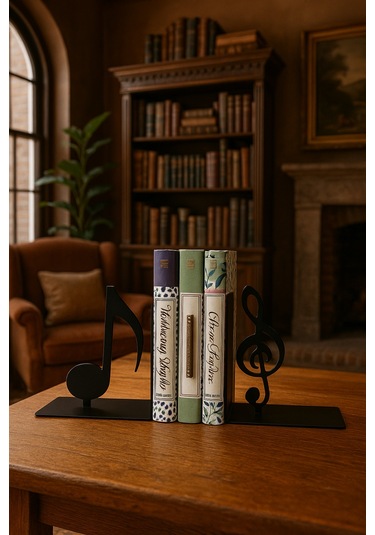 Nota Ve Sol Anahtarı Figürlü Metal Kitap Tutucu 2 Li Set Müzik Temalı Masa Üstü Dekor