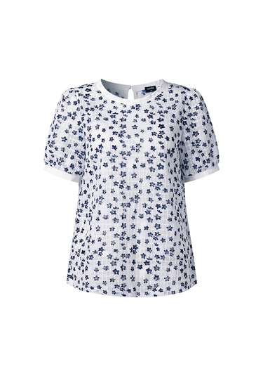 Beyaz Vonda Kadın Yaz Yuvarlak Yaka Puf Kısa Kollu Pileli Çiçekli Bol Bluz