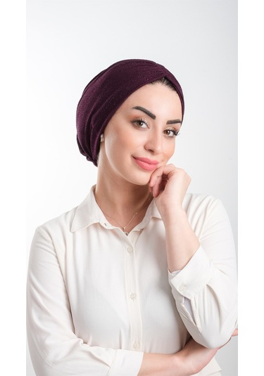 Mürdüm Pratik Hazır Geçmeli Tesettür Bone Fukuro Simli Büzgülü 2116 07 Mürdüm