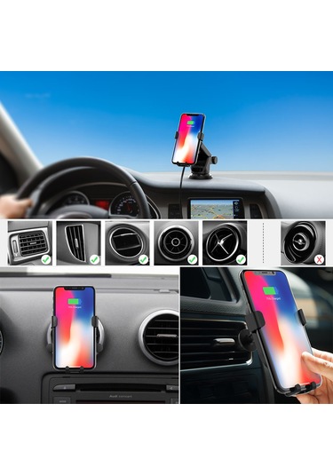 Youmex Dodocool 10w Hızlı Kablosuz Araç Şarj Cihazı Kütleçekli Tutucu - Dashboard/sınıf Camı Emici + 2 Havalandırma Grili + 1m Micro-usb Kablosu - Qi Uyumlu Telefonlar İçin Siyah