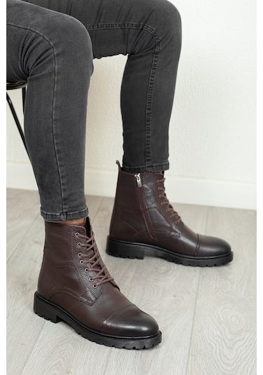 D402 Hakiki Deri Soğuk Geçirmez Kışlık Erkek Bot Kauçuk Taban Kahverengi