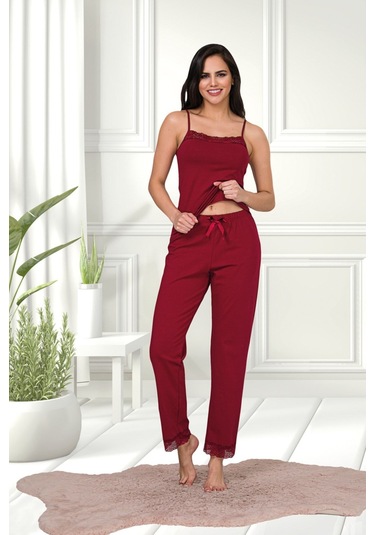Bordo Renkli Pamuklu Likralı Askılı Dantel Detaylı Pijama Takımı 28450 Bordo