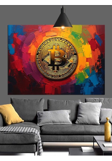 Renkli Fonda Bitcoin Sembolü Dekoratif Kanvas - Mdf Ahşap Tablo