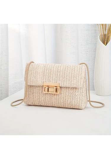 Dokuma Düz Renk Bej Tokalı Omuz Çantası Bej