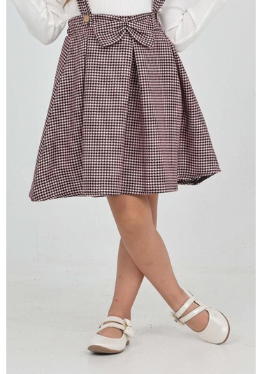 Kız Çocuk Dantel Yakalı Salopet Askılı Kazayağı Desenli 2'li Elbise 12304 Koyu Pembe