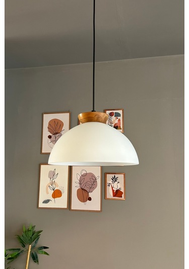 Perry Beyaz Cam Tekli Avize Ahşap Tabak Başlık Retro Sarkıt Lamba Restoran Salon Aydınlatma Beyaz