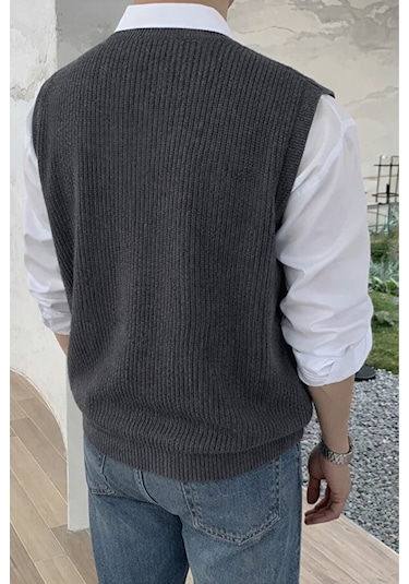 Erkek V Yaka Oversize Süveter Füme