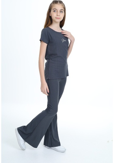 Toontoy Kız Çocuk Storie Nakışlı Eşofman Takım Füme