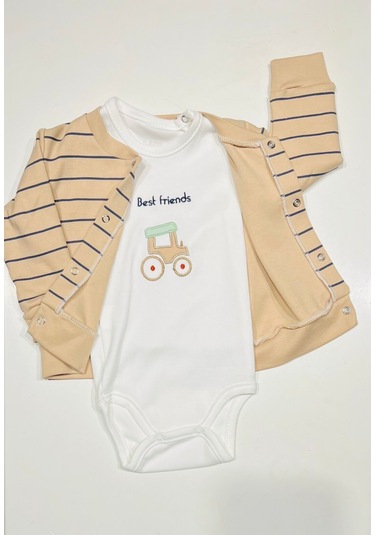 Erkek Bebek Araba Baskılı Pamuklu 3 Lü Takım Açık Bej Açık Bej