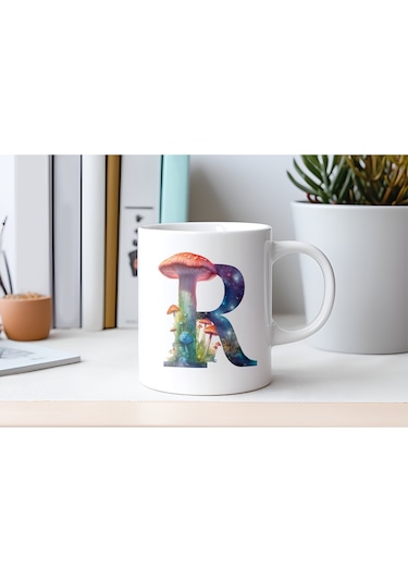 R Baş Harfi Fantastik Mantarlı Kupa Bardak - Kişiye Özel Masalsı Bardak - Hediye Beyaz