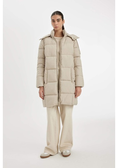 DeFacto Puffer Şişme Uzun Mont Parka Su İtici Regular Kalıp Çıkarılabilir Kapüşonlu A1315AX24WNBG284 Bej