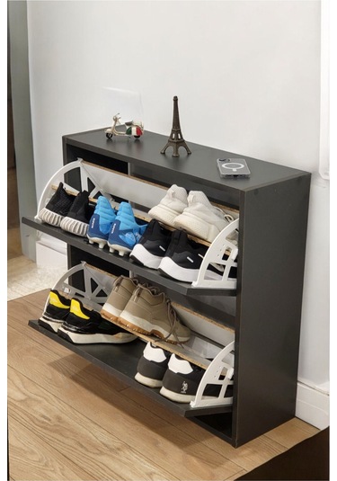 Düşer Kapaklı Ayakkabılık 4 Bölmeli 2 Kapaklı Kayar Raflı Dolap Antrasit