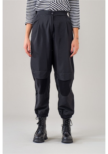 Bold & Young Kadın Siyah Polyamid Karışımlı Beli Lastikli Paça Lastikli Paraşüt Pantolon Siyah