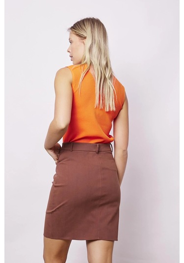 Kadın Cep Detaylı Diz Üstü Hafif Likralı Pamuklu Kumaş Kalem Etek-kahve Kahve