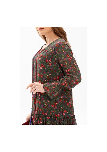 Uzun Kol Vual Gonca Uzun Elbise Tomurcuk Desen Yeşil 6170-yeşil