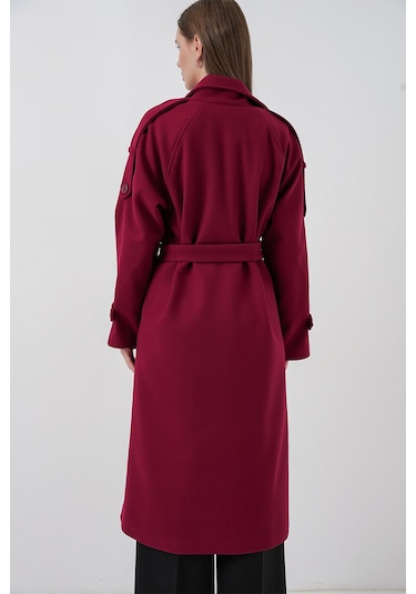 Kadın Kuşaklı Kaşe Kaban 9161 - Kırmızı Kırmızı