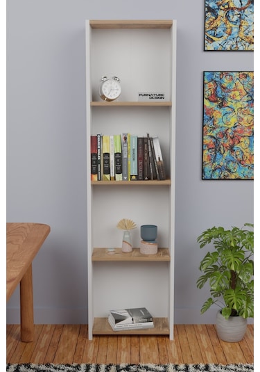 5 Raflı Kitaplık Arkalıklı Dar Raf Kütüphane Beyaz - A.çam