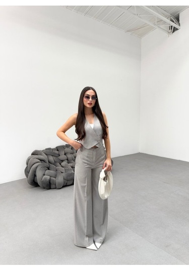 Toskana Çi Zgi Li Kruvaze Yaka Tek Düğmeli Yelek Pantolon Takim Gri