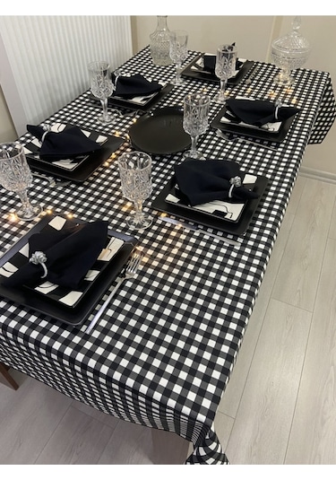 Sıvı Geçirmez Dertsiz Masa Örtüsü Kareli Desen Siyah