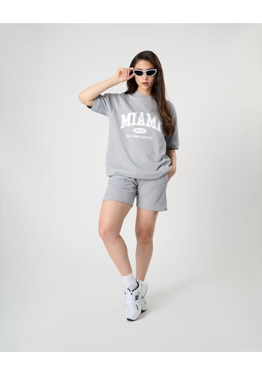 Pamuklu Miami Baskılı Oversize T-shirt Gri