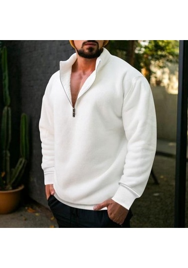 Erkek Yarım Fermuar Polar Kazak Üst Düz Renk Rüzgar Geçirmez Sonbahar Kış Uzun Kollu Yaka Kazak Beyaz