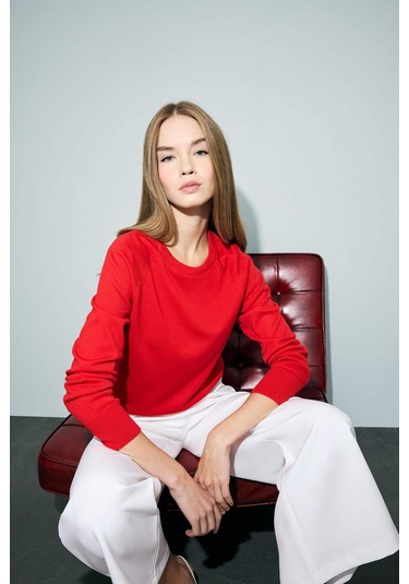 Defacto Relax Fit Bisiklet Yaka Basic Düz Triko Kazak I6913az25wnrd117 Kırmızı