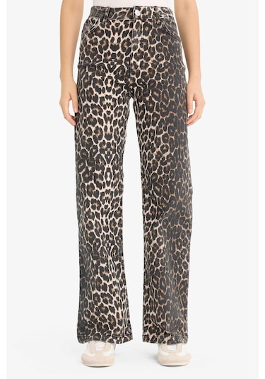 Defacto Straight Fit Yüksek Bel Leopar Desenli Uzun Boy Gabardin Pantolon D1229ax25aubk81 Siyah