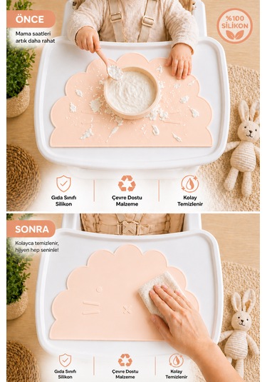 Siliconly %100 Silikon Bebek Beslenme Matı Kolay Temizlenebilir Mama Altlığı Ekru