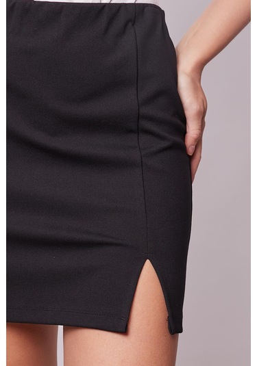 Kadın Yüksek Bel Önden Yırtmaçlı Hafif Likralı Çelik Kumaş Mini Kalem Etek Boy:44cm -siyah Siyah