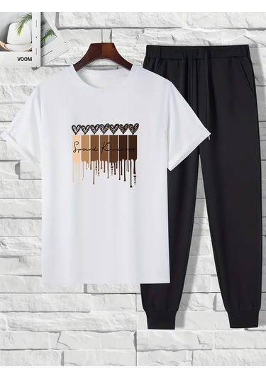 Unisex Leopar Kalp Baskılı Eşofman Takımı Beyaz