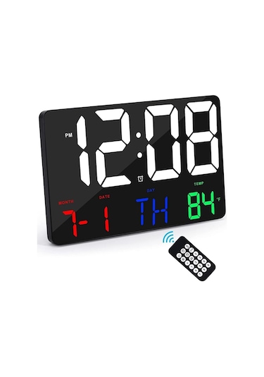 Alfalink Dijital Duvar Saati Renkli Uzaktan Kumandalı Hd Led Ekran Tarih Gün Sıcaklık Alarm Usb Dekoratif Siyah
