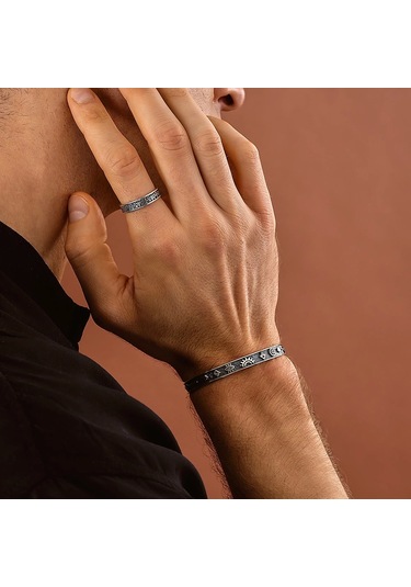 925 Ayar Gümüş Budizm Sembollü Unısex Kelepçe Bileklik Gümüş