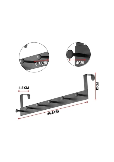 Pratik 6'lı Metal Kapı Arkası Askısı - 30 Kg Taşıma Kapasiteli Siyah, 46.5 Cm