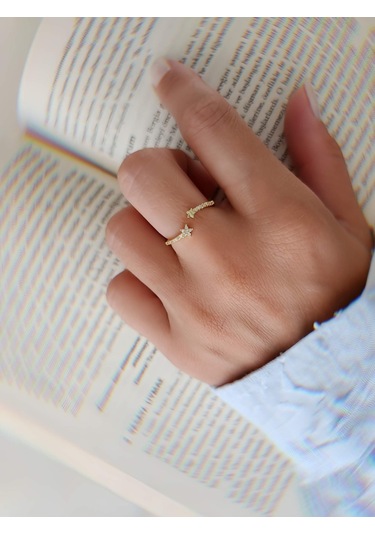 Zirkon Taşlı Yıldız Model Ayarlanabilir Gold Altın Renkli Yüzük Gold