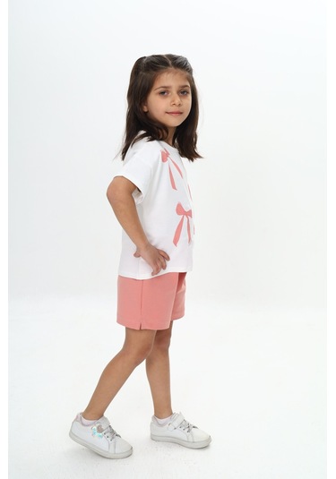 Toontoy Kız Çocuk Fiyonk Baskılı Şortlu Takım Koyu Pudra