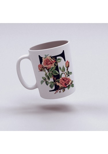 T Baş Harf Kırmızı Güller İle Sarılı Bardak 330 Ml Kişiye Özel Çiçekli Hediye Beyaz