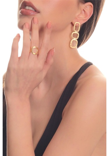 Kadın Mat Altın Kaplama Dikdörtgen Formlu Tasarım Küpe & Yüzük Seti Altın