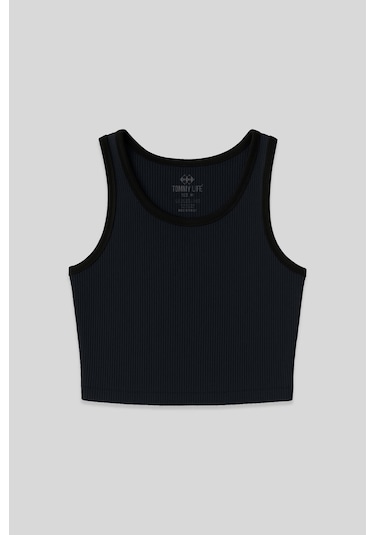Tommy Life Lacivert Basic Sıfır Kol Dar Kalıp U Yaka Kadın Crop Top Atlet - 97160 Lacivert