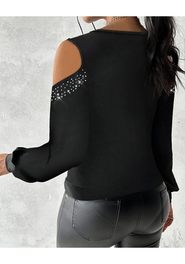 Kadın Yuvarlak Degaje Yaka Omuz Detay Taşlı Uzun Kollu Sandy Bluz Siyah