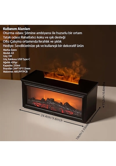 Ezere A4 Şömine Esintili Aromaterapi Difüzörü Ultrasonik Hava Nemlendici