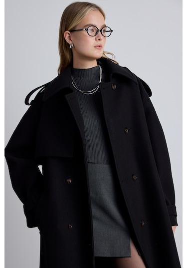 Apolet Detaylı Kaşe Kaban Siyah