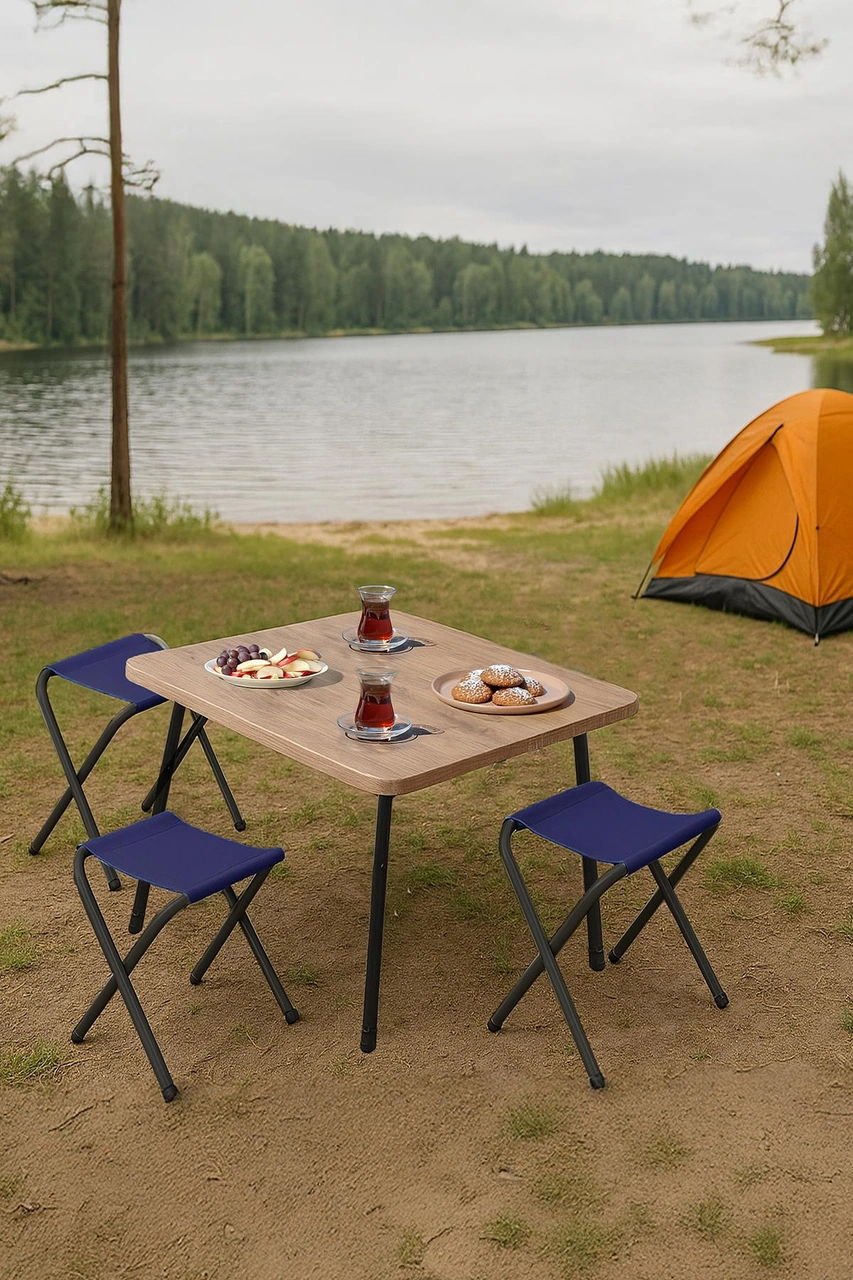 Exent 45x60 Cm Kamp Sehpası + 3 Adet Lacivert Tabure Piknik, Balkon Sehpası Katlanır Sehpa-a-3l Çok Renkli