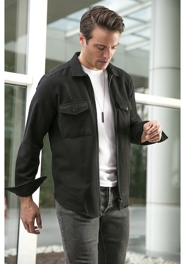 Buratti Çift Cepli Fermuarlı Slim Fit Kışlık Erkek Gömlek Cf21W112925 Siyah