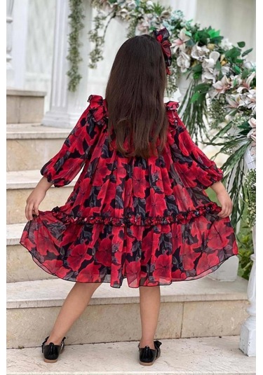 Riccotarz Kız Çocuk Yakası Ve Omuzları Fırfır Detaylı Çiçek İşlemeli Pliseli Kırmızı Elbise Kırmızı